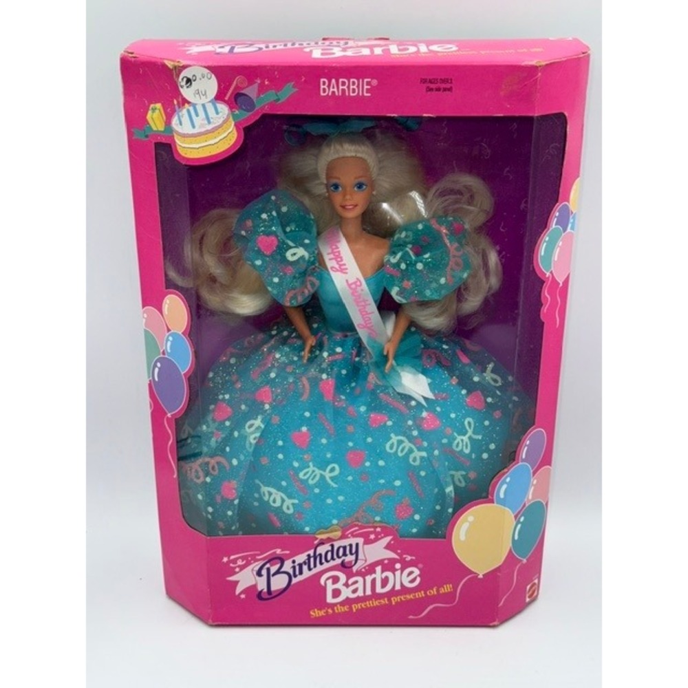 Vintage 1991 Birthday Barbie Doll Teal Confetti Gown Mattel NIB